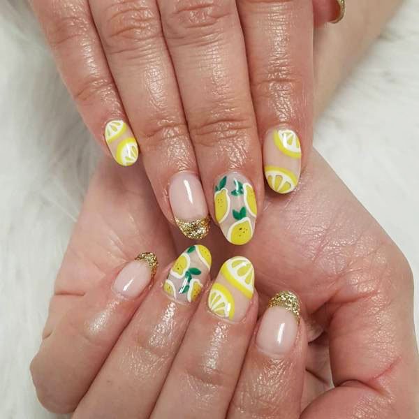 Lemon Nails With Rhinestones And Sequins