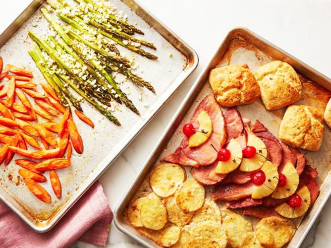 Easter Dinner of Ham, Vegetables and a Bun on Two Baking Sheets! Best Easter Recipes